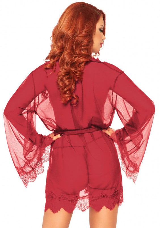 3 Pc Sheer Short Robe With Eyelash Lace Trim and Flared Sleeves - Burgandy - Xl