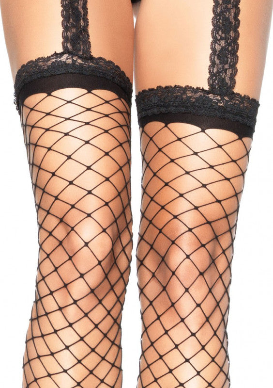 Spandex Fence Net Lace Top Stockings With Attached Lace Garterbelt - One Size - Black