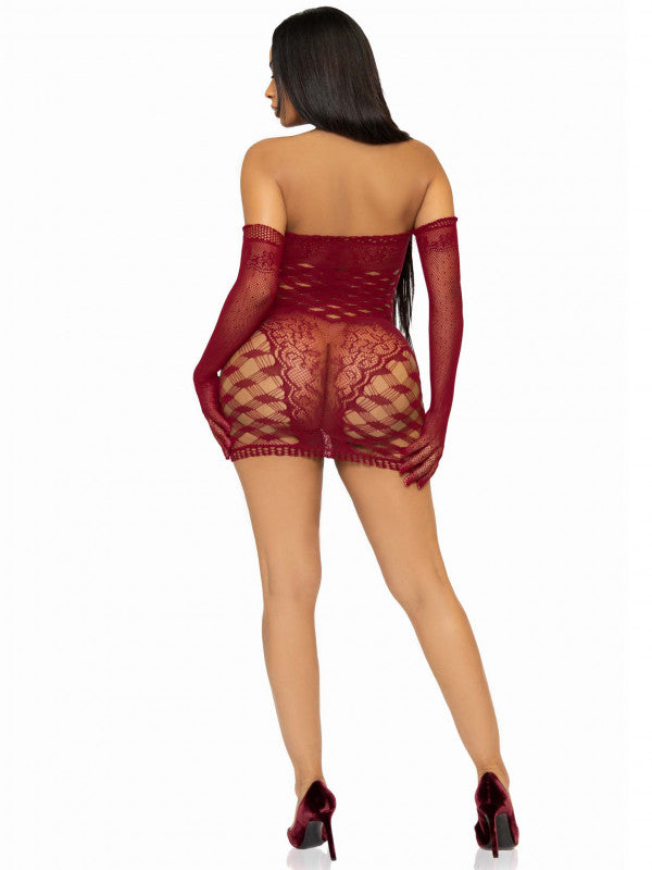 2 Pc core Net Tube Dress With Gloves - One Size - Burgundy