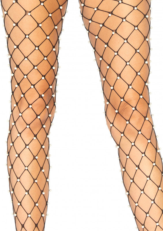 Faux Pearl Net Tights - One Size - Black