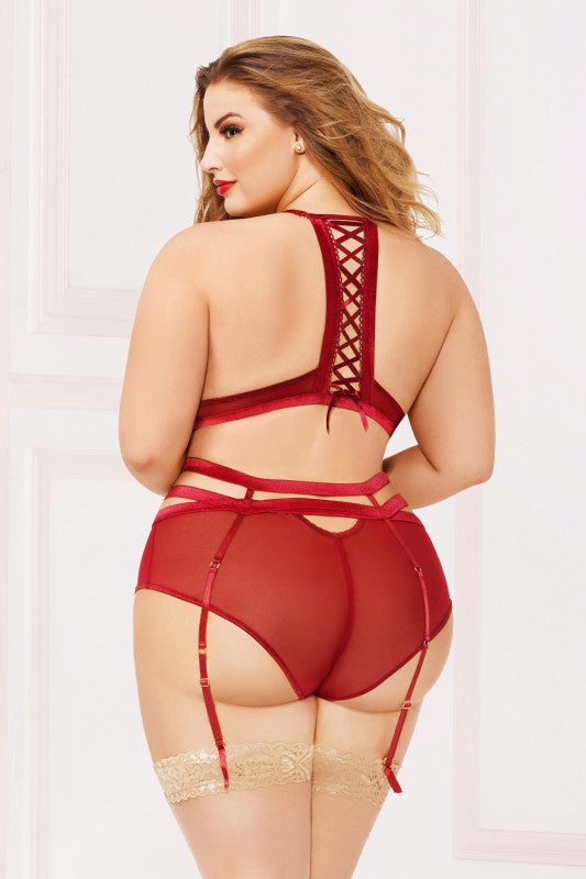 Applique & Mesh Bra Set - 1x2x - Burgundy