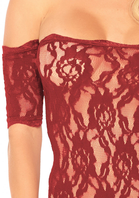 Scalloped Rose Lace Strapless Teddy With Cuff Sleeves - Burgandy - Medium/large