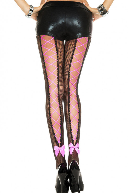 Lace Up Corset Back Fishnet Pantyhose With Satin Bow - One Size
