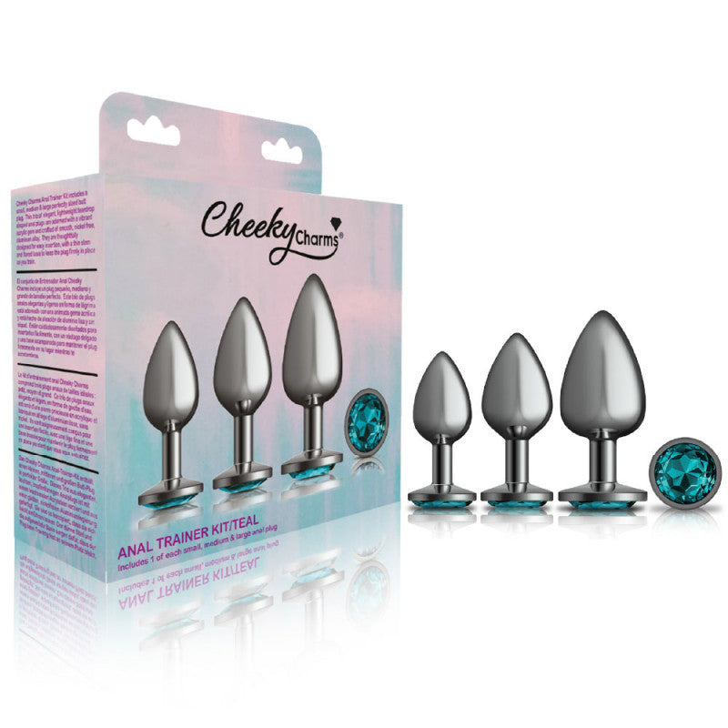Cheeky Charms - Metal Butt Plug Gunmetal - Round - Teal - Kit