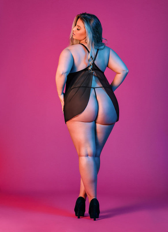 Sexy Time Babydoll With Fly Away Back and G-String Set - Black - 1x-3x