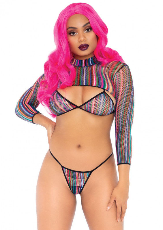 3 Pc Fishnet Bikini G-StRing and Crop Top - One Size - Multicolor