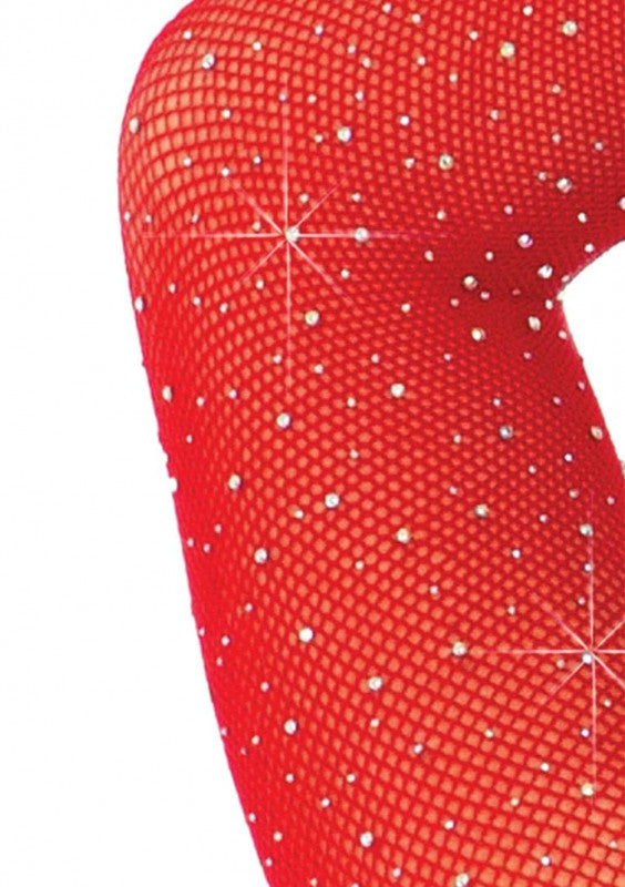 Crystalized Long Sleeve Fishnet Thong Back Bodysuit - One Size - Red