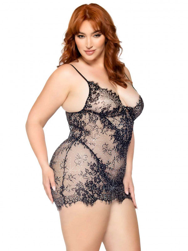 2 Pc Rhinestone Lace Dress and G-StRing - 1x/2x -  Black