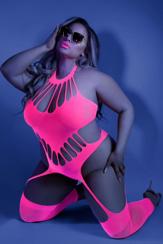 No Promises Teddy Bodystocking - One Size - Neon  Pink