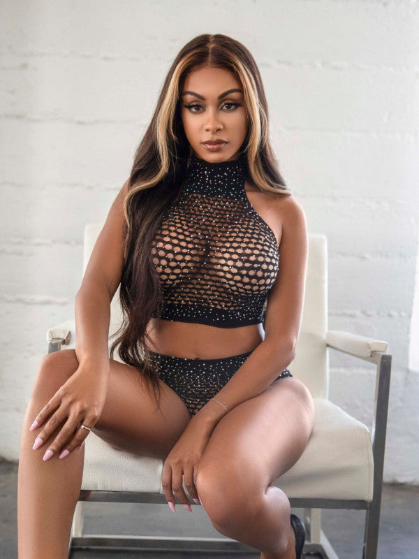 2 Pc. Rhinestone Oval Net Top and High Waist  Bottoms - One Size - Black