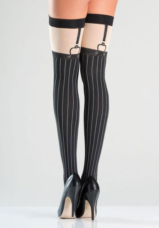 Opaque Faux Suspender Thigh Highs - Black-Nude With Pinstrip Design
