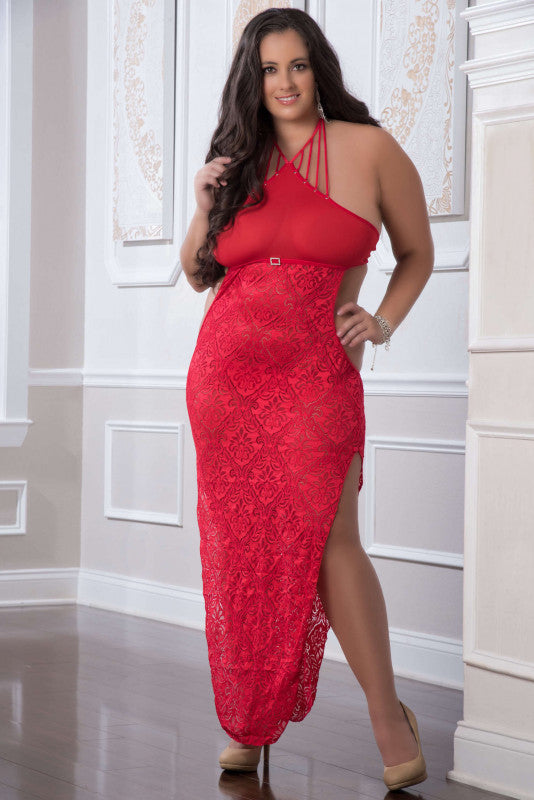 2 Pc. Shoulder-BaRing Laced Night Dress - Red  Cherry - Queen Size
