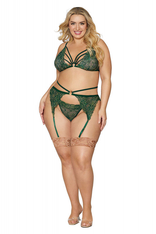 Bralette With Garter Belt and G-String - Queen Size - Evergreen