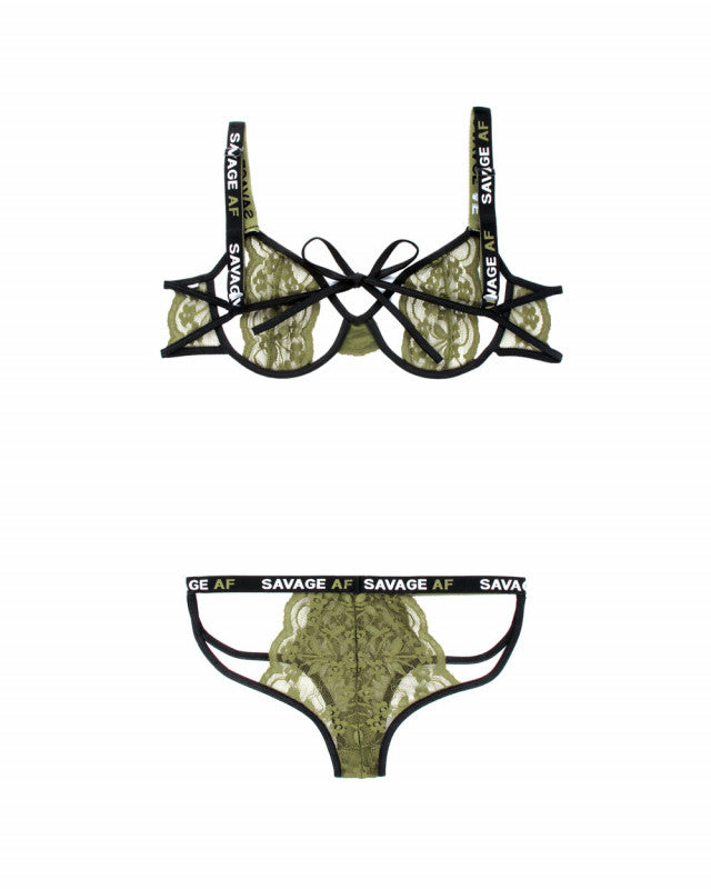 Savage Af Cutout Bra and Caged Panty - Olive - M/l
