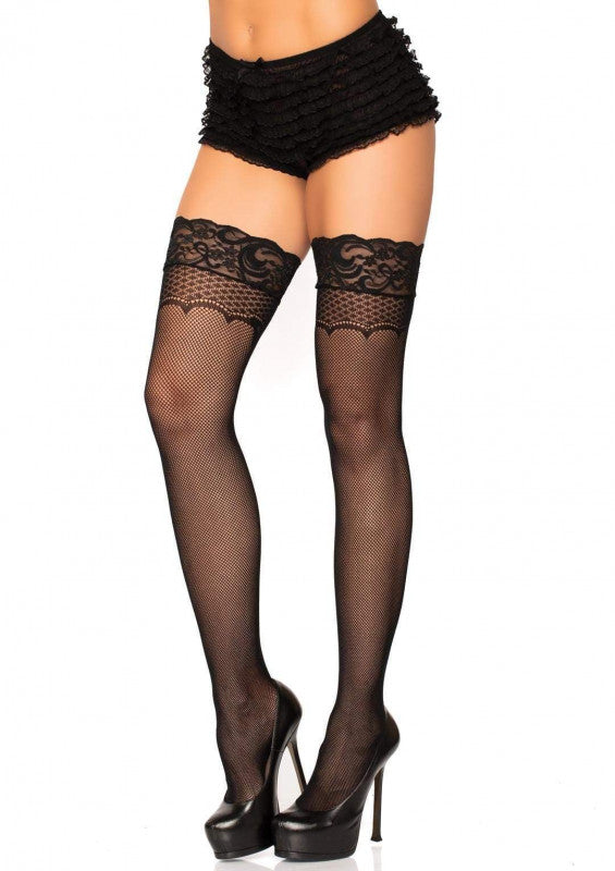 Bow Backseam Fishnet Thigh Highs - One Size - Black