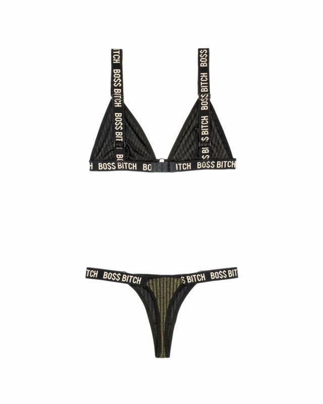 Boss Bitch Bralette and Thong Panty Set - Black / Gold - M/l