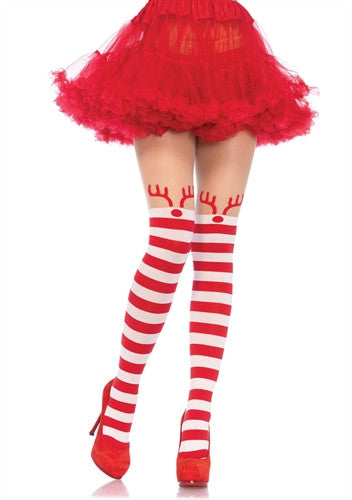 Rudolph Reindeer Opaque Striped Pantyhose With Sheer Thigh High Accent