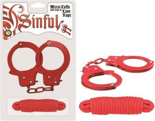 Sinful Metal Cuffs With Keys & Love Rope - Red