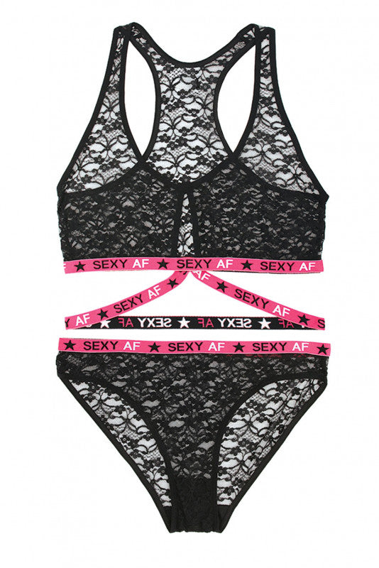 Sexy Af Bralette &amp; Bikini Panty - Pink/black - L/xl