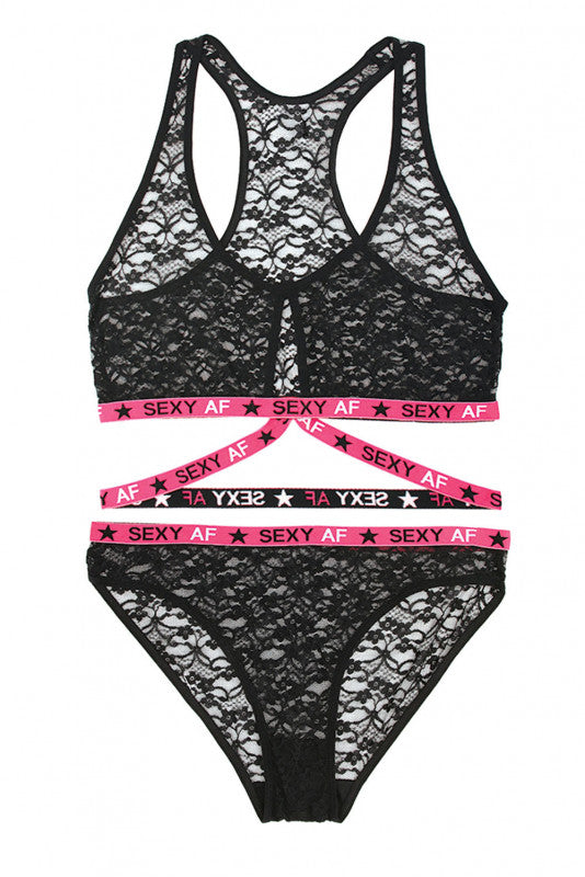 Sexy Af Bralette & Bikini Panty - Pink/black - L/xl