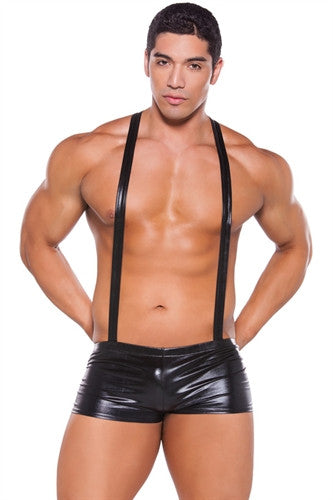Wet Look Suspender Shorts - Black - One Size