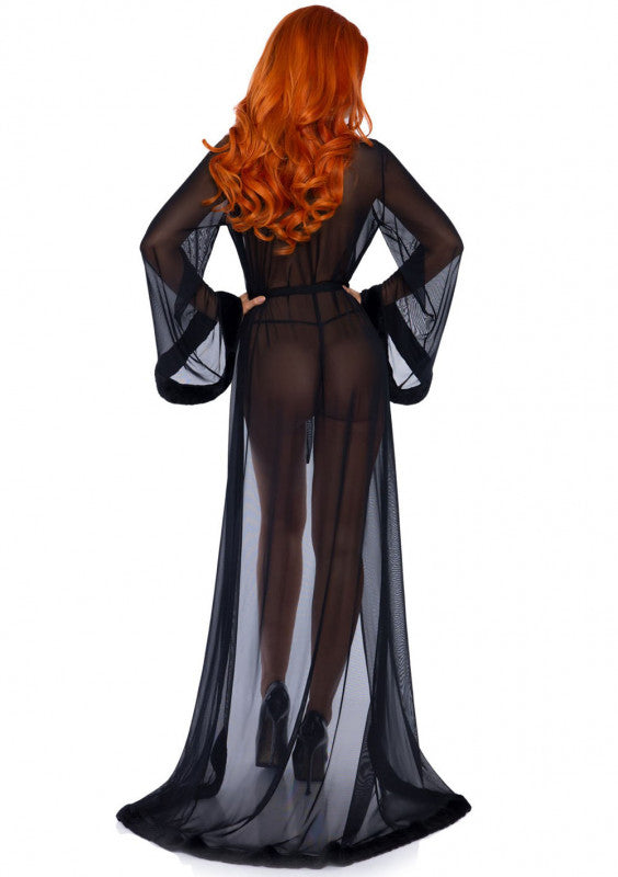 3pc Fur Trimmed Robe Set - Black - One Size