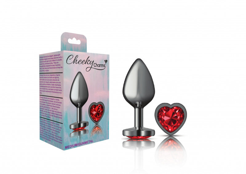 Cheeky Charms - Gunmetal Metal Butt Plug - Heart - Dark Red - Medium