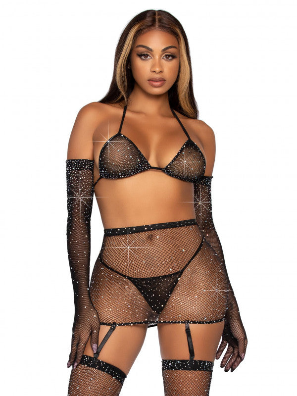5 Pc Rhinestone Bikini Top G-StRing Garter Skirt  Gloves and Stockings - One Size - Black