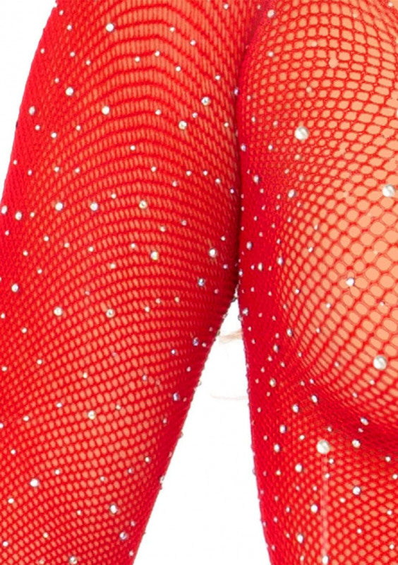 Crystalized Long Sleeve Fishnet Thong Back Bodysuit - One Size - Red