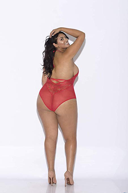Lace and Mesh Halter Teddy - Queen Size - Red