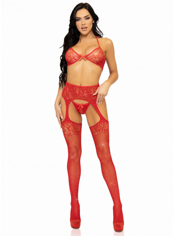 3 Pc Rhinestone Bra Top, G-StRing, and Garter Belt Stockings - One Size - Red