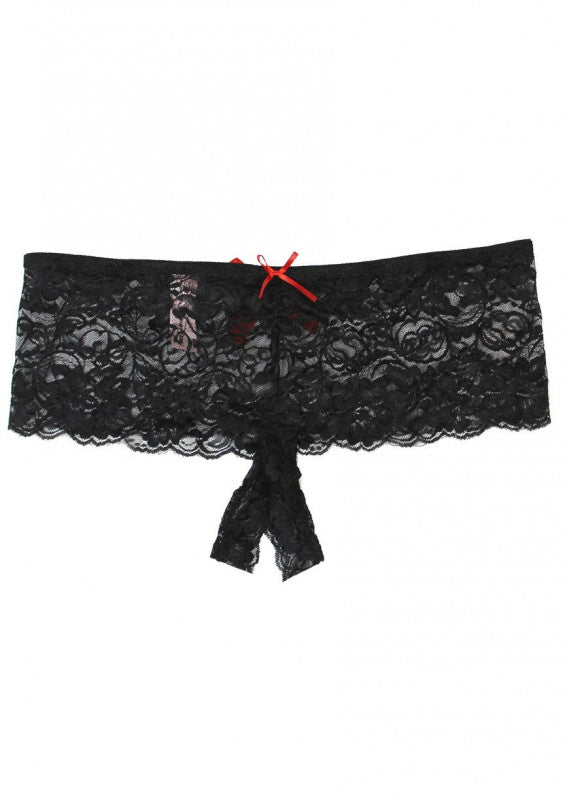 Stretch Lace Open Crotch Thong - 1x-2x - Black