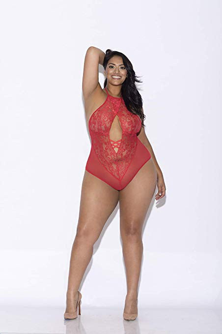 Lace and Mesh Halter Teddy - Queen Size - Red