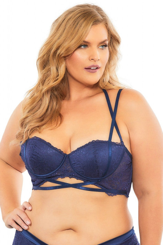 Lace Push Up Balconette Bra With Crossing Halter Straps - Estate Blue - 4x
