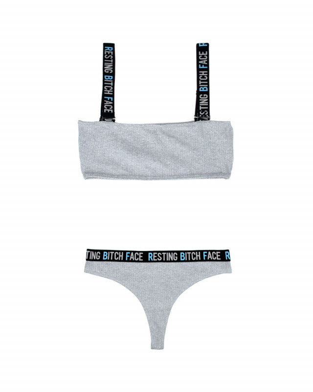 Resting Bitch Face Crop Top and Thong Panty Set - Gray - M/l