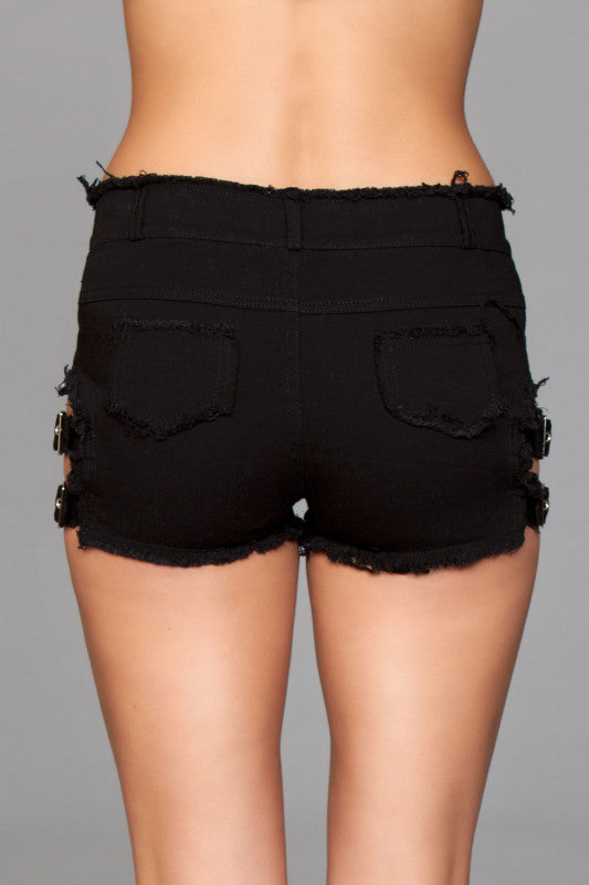 Denim Shorts With Belt Buckle Side Details and Faux Back Pockets - Small