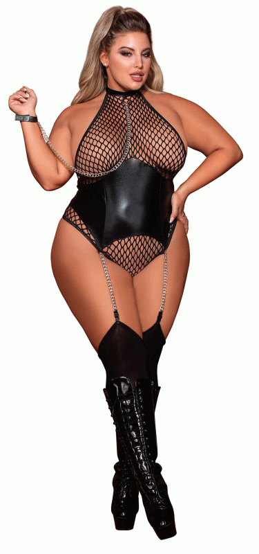 Garter Teddy and Leash - Queen Size - Black