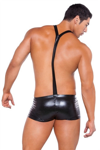 Wet Look Suspender Shorts - Black - One Size