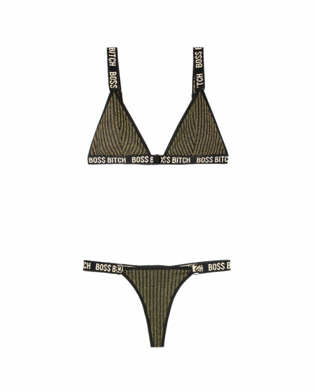 Boss Bitch Bralette and Thong Panty Set - Black / Gold - L/xl