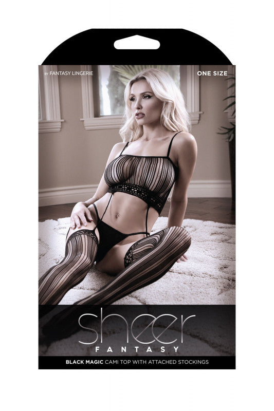 Black Magic Cami Top With Attached Stockings -  Black - O/s
