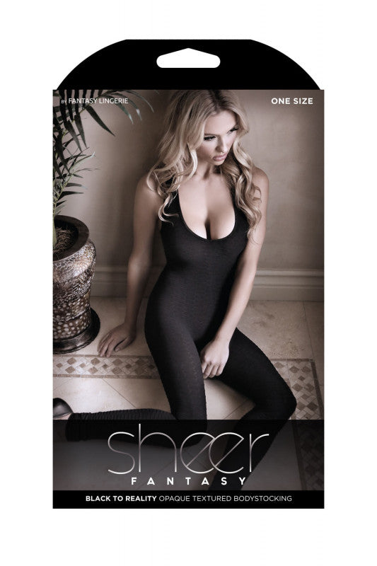 Black to Reality Opaque Textured Bodystocking -  Black - One Size