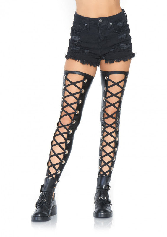 Grommet Wet Look Footless Thigh Highs - Medium / Large - Black