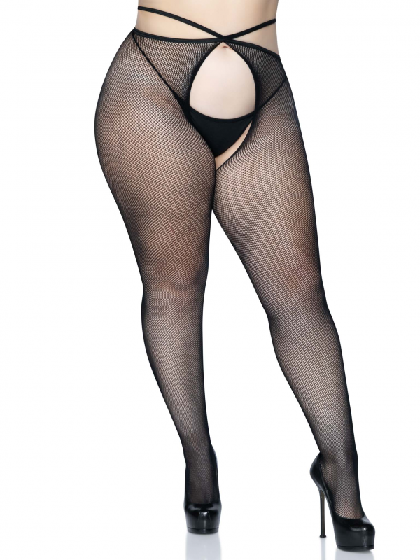 Micro Net Strappy Crotchless Tights - 1x/2x - 1x/2x - Black
