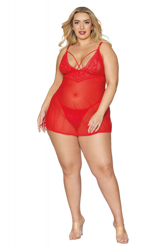 Babydoll and G-StRing - Queen Size - Lipstick Red