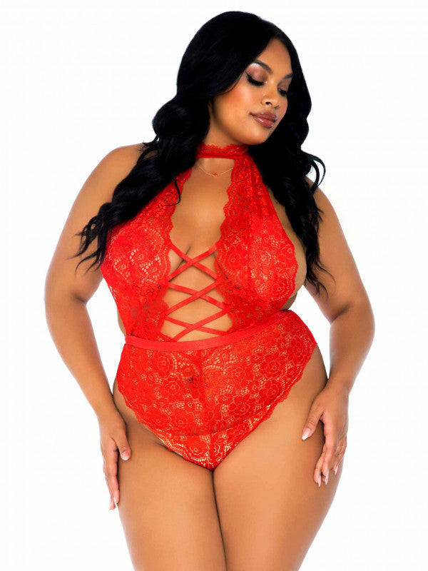 Floral Lace Crotchless Teddy  - 1x/2x - Red
