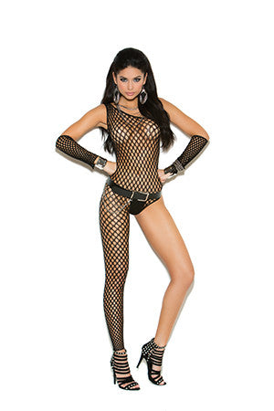 Crochet One Shoulder and Leg Bodystocking With Matching Arm Bands - One Size - Black