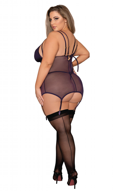 Garter Slip and G-String - Queen Size - Eggplant