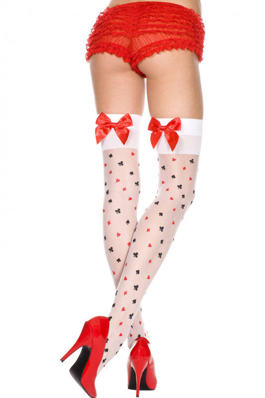 Card Suit Sheer Thigh Hi Satin Bow - One Size - White / Red