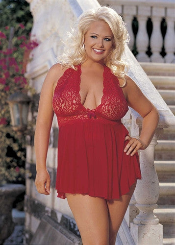Stretch Mesh and Lace Babydoll With Bow - Red - Queen Size