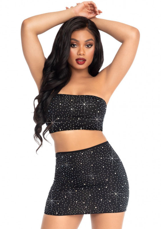 2 Pc Rhinestone Bandeau and Mini Skirt - Black - Small